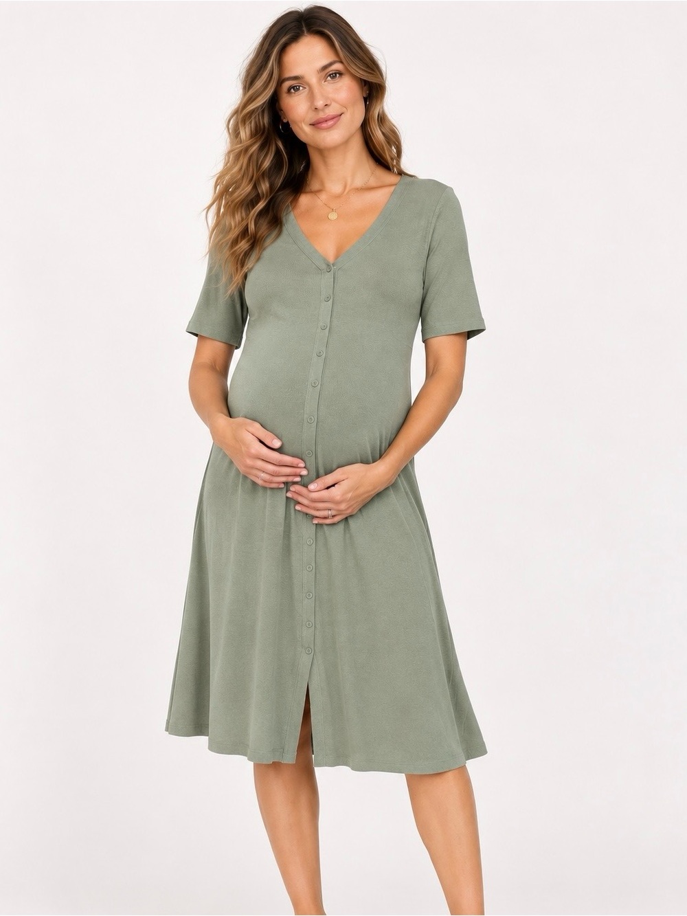 Hatch Button Front Midi Dress 1/ Small Sage Green Short Sleeve Stretch Comfort